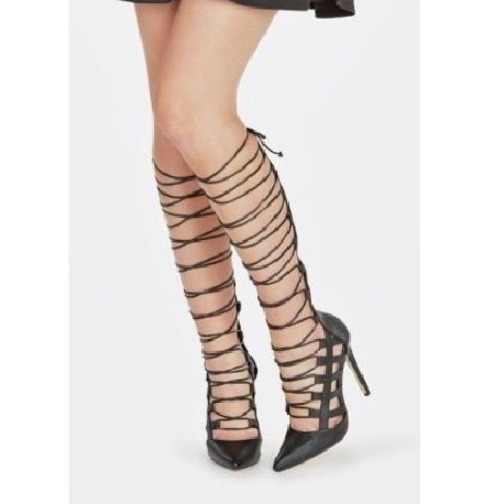 JUSTFAB ESPERANZA KNEE HIGH STRAPPY PUMP - BLACK SIZE 10M (NEW WITH TAGS)